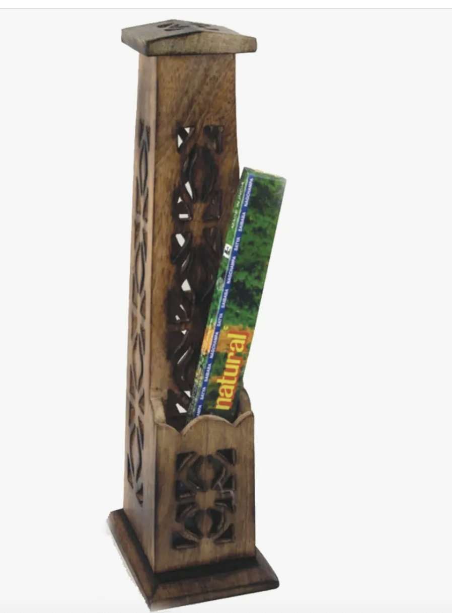 12" Carved Wooden Incense Burner Tower